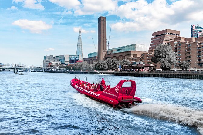 High-Speed Thames River Speedboat in London - Canary Wharf, Docklands, and the skyline hit