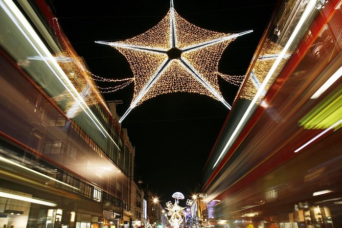 London Christmas Lights Tour by Vintage Double-Decker Bus - Department store lights and Piccadilly Circus glow from the bus